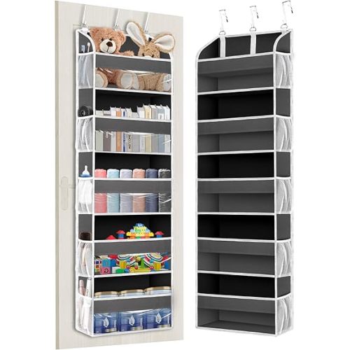 1 Pack Over The Door Organizer Storage, Hanging Organizer Closet with 5 Large Pockets 10 Mesh Pockets, 44 lbs Weight Capacity, Behind Door Storage for Nursery Bedroom Bathroom (Dark Grey)