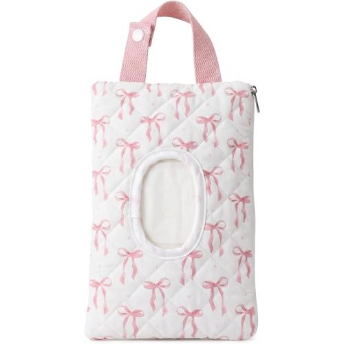 Quilted Pink Bow Baby Wipe Holder Fabric Wipes Dispenser Bag with Handle Portable Wet Wipes Pouch for Baby Travel Home Car Stroller