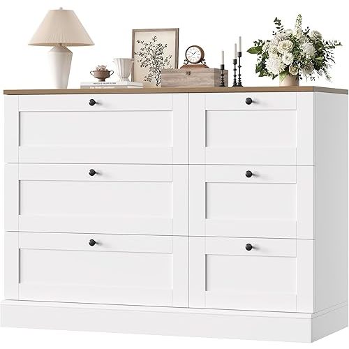 HOSTACK 6 Drawer Dresser, White Dresser for Bedroom, Wood Wide Chest of Drawers, Modern Farmhouse Drawer Chest for Living Room, Hallway, Entryway, White/Rustic Brown