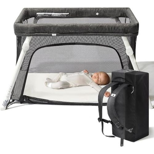 Guava Lotus Travel Crib With Lightweight Backpack Design | Certified Baby Safe Portable Crib For Easier Bedtimes | Quick And Easy Set-Up Folding Play Yard With Comfy Mattress For Babies & Toddlers