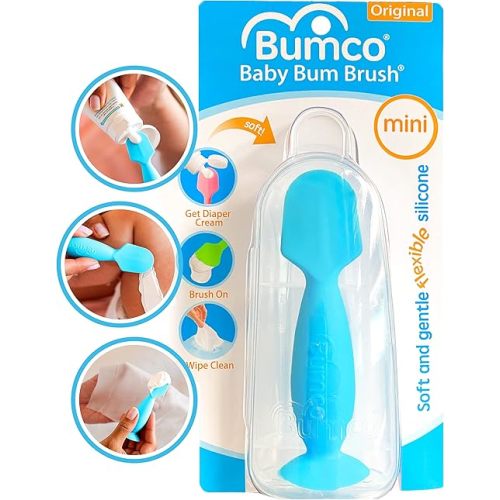 Bumco Mini Baby Diaper Cream Spatula with Case - BPA-Free Silicone Diaper Spatula with Suction Cup, Wipe-Clean Baby Bum Brush, Mom-Invented Butt Paste Applicator (Blue)