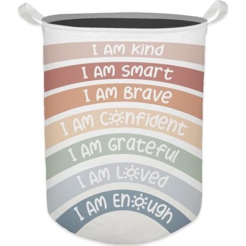 Boho Rainbow Laundry Basket, Positive Affirmations Inspirational Waterproof Collapsible Laundry Hamper Dirty Clothes Storage Toy Bin Organizer for Kids Room College Dorm Bedroom Bathroom
