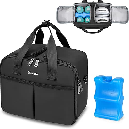 Mancro Portable Wearable Breast Pump Bag Compatible with Momcozy M9/S12 Pro and Medela Pump in Style,Breast Milk Cooler Travel Bag with Ice Pack Fit 4 Baby Bottles for Nursing Mom Daycare, Black