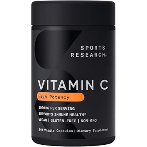 Sports Research High Potency Vitamin C Supplement - Vegan Veggie Capsules for Antioxidant Activity & Immune Support - Non-GMO Verified & Gluten Free - Ascorbic Acid Vitamin C 1000mg, 240 Count