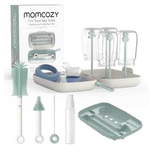 Momcozy Bottle Brush Set - Baby Bottle Cleaner Kit with Silicone Brush, Nipple Brush, Straw Brush, Soap Dispenser, Drying Rack - 7 in 1 Bottle Cleaning Tool for Home and Travel