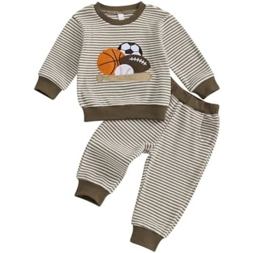 ZAXARRA Toddler Baby Boy Outfit Fall Winter Rugby Embroidery Striped Sweatshirt and Elastic Pants 2 Piece Baby Boy Clothes