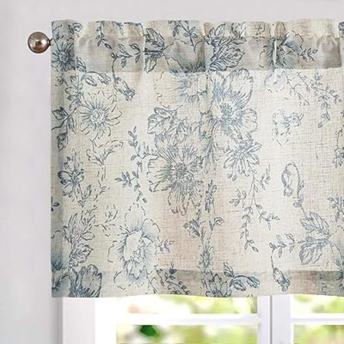 Vangao Linen Valance Curtain Farmhouse Blue Floral Window Valance for Bedroom, 16 Inch French Country Flower Small Drapes for Kitchen Light Filtering Window Treatments Rod Pocket 1 Panel