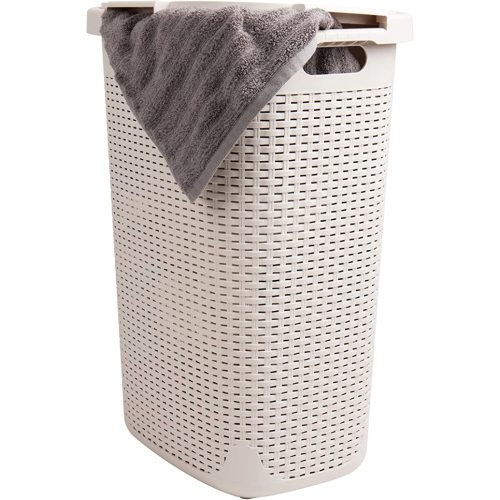 Mind Reader 60L Slim Laundry Hamper, Clothes Basket, Lid, Wicker Design, Plastic, 17.65"L x 13.75"W x 24.15"H, Ivory