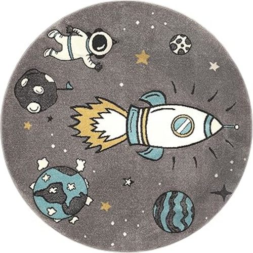 Paco Home Kids Rug Space with Astronauts, Plantes & Rockets in Grey, Size: 4' Round