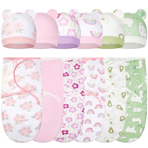 Ramede 6 Pack Baby Swaddle Blanket with Hats Sleep Swaddle for 0-3 Months Newborn Sacks Soft Cotton Wearable for Boy Girl
