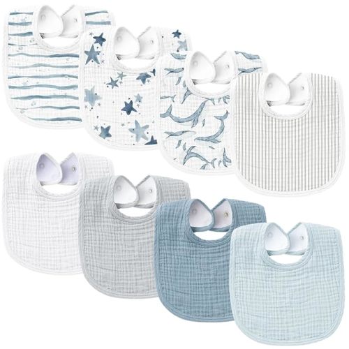Konssy Muslin Baby Bibs 8 Pack Baby Bandana Drool Bibs for Unisex Boys Girls, 8 Solid Colors Set for Teething Drooling