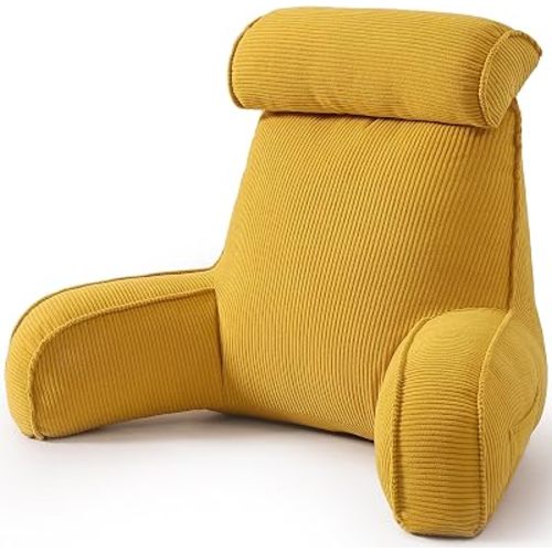 Reading Pillow for Sitting Up in Bed, Backrest Cushion with Arms, Corduroy Support Pillow with Side Pockets & Washable Cover, for Watching TV Sofa Couch Relax, Bright Yellow