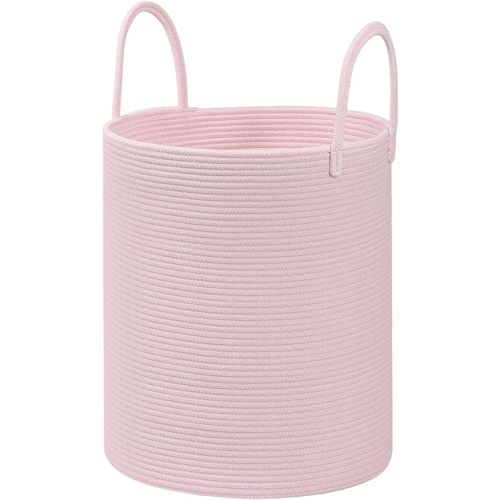 Cotton Rope Storage Basket with Handles, Pink, Large Capacity Laundry Hamper and Laundry Basket for Clothes, 15x18 Inches, Nursery Organizer