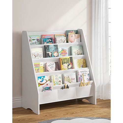 SEIRIONE Sturdy Kids Bookshelf, Book Shelf for Kids Room with Tear-Proof Oxford Sling, Eco-Safe Toddler Bookshelf, Childrens Bookshelf with Ideal Height for Quick Book Access, White/Wood Texture