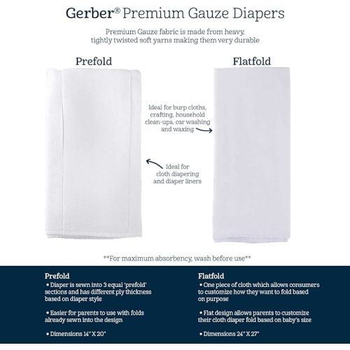 Gerber Unisex Baby Boys Girls Gauze Prefold Cloth Diapers Multipack White 5 Pack