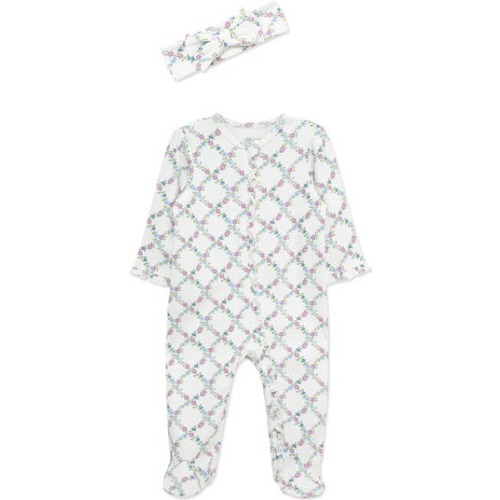 Floral Lattice Print Cotton Footie & Headband Set