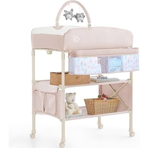 Portable Baby Changing Table with 1pc Diaper Changing Pad, BabyBond Foldable Changing Table Dresser Waterproof Diaper Changing Table Height Adjustable Changing Station for Infant and Newborn(Pink)