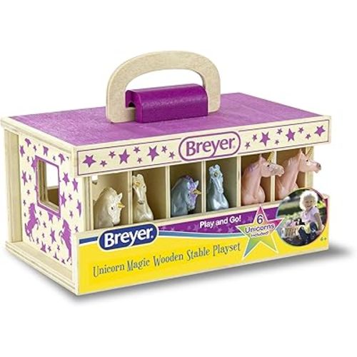 Breyer Unicorn Magic Wood Carry Stable with 6 Unicorns 59218, Multicolor