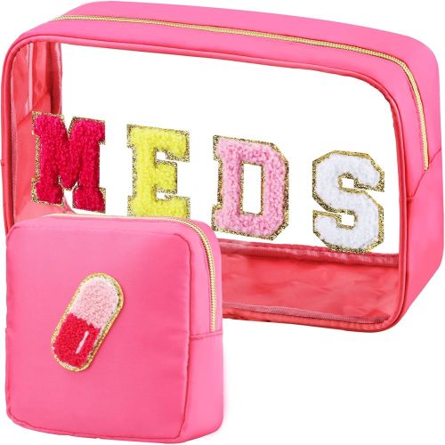 BuyCard 2 Pcs Medicine Bag Chenille Letter Preppy Clear Makeup Meds Bag for Travel - Nylon & PVC Transparent Cosmetic Toiletry Storage Pouch for Women Girls - Rose Red