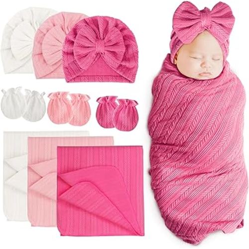 BQUBO Newborn Receiving Blanket Hat Mittens Set for Baby, Unisex Baby Boys Girls Essentials, Newborn Registry Must Haves, Stroller Crib Shower Gifts