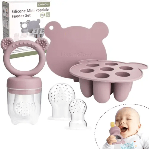 Silicone Baby Fruit Feeder & Freezer Tray Set, Silicone Baby Fruit Food Feeder for Safe Infant Self Feeding, BPA Free Teething Relief for 3 Month+, Additional Silicone Pouches (Dusty Lilac)