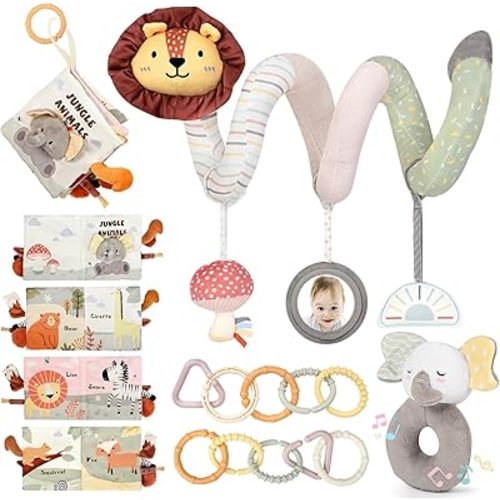 Joyreal Spiral Car Seat Toys with Jungle Soft Book, Plush Rattles and Linking Rings, Stroller & Travel Toy for Newborns and Infants 0-12 Months Girls Boys (Neutral)