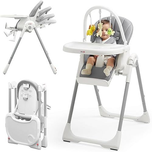 KÜB 3-in-1 Foldable Baby High Chair, 7 Height & 4 Recline Adjustable, Removable Seat & Tray for Easy Clean, 2 Locking Wheels, Multifunctional Infant Highchair for Babies & Toddlers (Grey, with Toys)