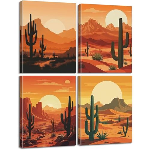 TOCDGOO Framed Desert Sunset Wall Art, 8x10 Inch Set of 4 Boho Cactus Landscape Canvas Prints for Living Room Bedroom Decor, Southwest Decor