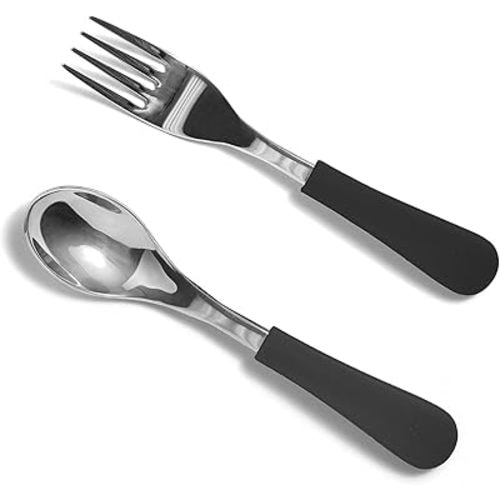 Avanchy Baby Spoons, Forks Stainless Steel and Silicone Set, Self Feeding Food Utensils, 4 Months Baby Led Weaning
