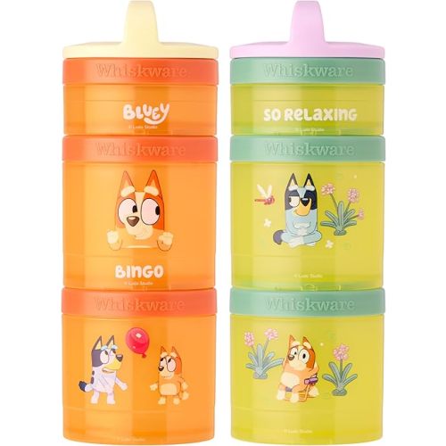 Whiskware Bluey Stackable Snack Containers for Babies, Toddlers, and Kids, Durable Food Storage Containers for Daycare, Car, and Airplane Travel, Formula Friendly, Bluey and Bingo (Pack of 2)