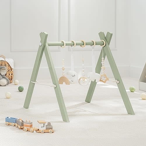 Comfy Cubs Baby Play Gym Set, Wooden Baby Playgym, Interactive Activity Center Hanging Bar with Gym Toys, Foldable for Infants, Newborn Gift for Baby Girl and Boy, Sage