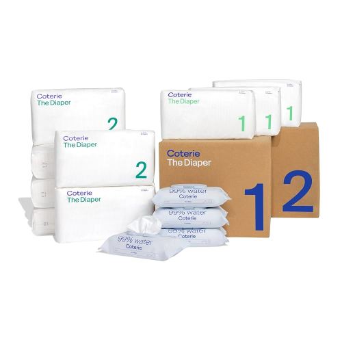 Coterie Baby Wipes + Diapers Kit, Size 1 (99 Count) & Size 2 Diapers (186 Count), 4 Pack (224) Baby Wipes with 99% Water, Plant Based Materials, Hypoallergenic for Sensitive Skin