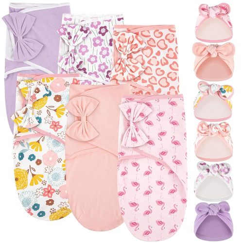 Ramede 6 Pack Baby Swaddle Blanket with Hats Sleep Swaddle for 0-3 Months Newborn Sacks Soft Cotton Wearable for Boy Girl