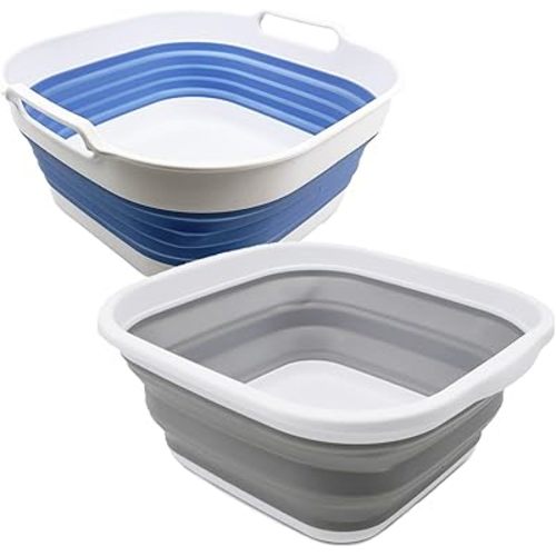 SAMMART 2 pcs Collapsible Tub Set (5.5L (1.4 Gallon) + 10L (2.4 Gallon)) - Dishpan - Foldable Washing Basin - Portable Dish Washing Tub - Space Saving Kitchen Storage Tray (Grey + Baby Blue)