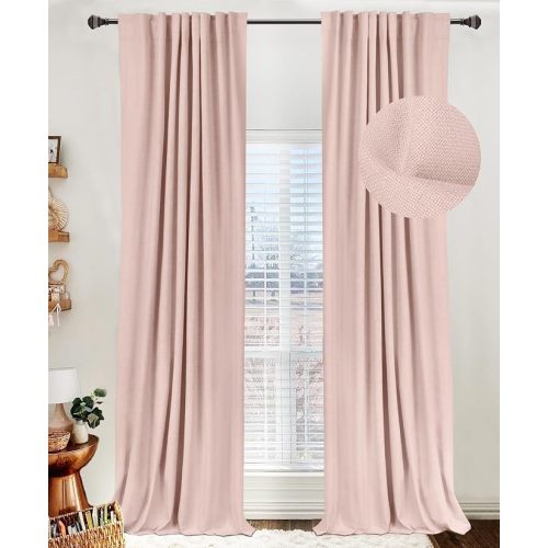 100% Blackout Shield Linen Blackout Curtains for Bedroom 108 Inches Long, Back Tab/Rod Pocket Living Room Drapes, Thermal Insulated Blackout Curtains 2 Panels Set, 50" W x 108" L, Blush Pink