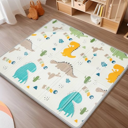 Foldable Baby Play Mat, PIGLOG 50" x 50" Waterproof Playmat for Playyards for Babies, Safe Foam Playmat for Tummy Time, Reversible Playmats, Portable Floor Mat for Infant, Toddler, Green Dinosaur
