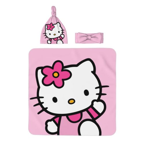 Hello Kitty Newborn Essentials Receiving Baby Beanie Hat Headband Swaddle Blanket Set-Nursery Swaddle Wrap Baby Girl Sleeping Bag