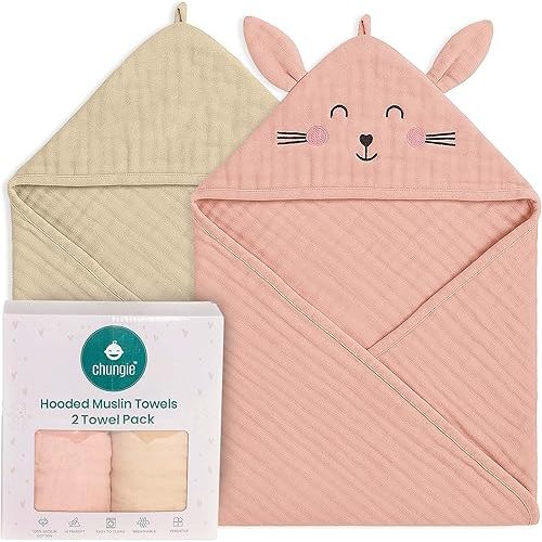 Chungie Toallas de muselina suave con capucha para bebé, 100% algodón, toallas de baño transpirables de 6 capas con capucha, paquete de 2 (estampado + bordado, 32 x 32 pulgadas)