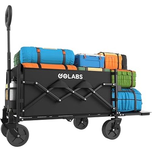 Golabs Collapsible Wagon Cart Max 350lb Load & Expandable Storage 100L, Double Bearing Design for Flexible Steering, Foldable Heavy Duty Garden Cart with 2 Cup Holders for Groceries, Garden & Camping