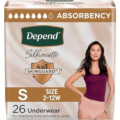 Depend Silhouette Adult Diapers, Incontinence & Postpartum Bladder Leak Underwear for Women, Maximum Absorbency, Small, Pink, 26 Count, Packaging May Vary