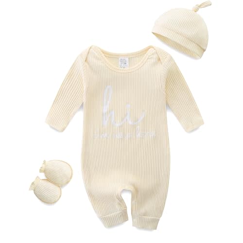 Baby Romper with Baby Mittens & Newborn Hats Footless Long Sleeve Solid Onesie Hi Im New Here