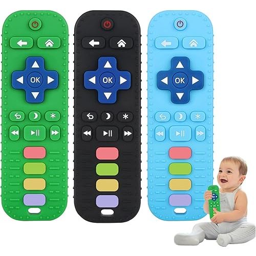 Fu Store 3 Pack Baby Teether Toy Chew Toy for Babies 0-12 Months 6-36 Months TV Remote Control Shape Teething Relief Baby Toys for Infants Developmental Soothe Babies Gums Gifts Set, Black Blue Green