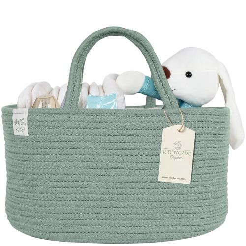 KiddyCare Diaper Caddy Organizer for Baby Nursery Basket with Handle Lid Nursing Caddy with Changing Table Organizer Cart Newborn Caddy Basil Large
