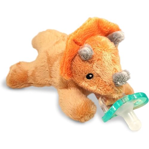 RaZbaby RaZbuddy Stuffed Animal Pacifier Holder for Newborns & Up, Made in the USA, Detachable Orthodontic JollyPop Pacifier, Medical-Grade 100% BPA-Free Silicone, Baby Shower, 0 Months+ (Triceratops)