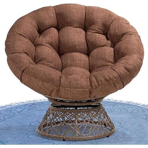 Bme 40" Ergonomic Wicker Papasan Chair with Soft Thick Density Fabric Cushion, High Capacity Steel Frame, 360 Degree Swivel for Living, Bedroom, Reading Room, Lounge, Cinnamon Mocha - Brown Base