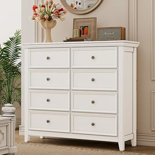 BLANKSPACE White 8 Drawer Dresser, Modern Dresser for Bedroom, Wood Drawer Organizer with Metal Knobs, Large Capacity Wood Cabinet for Bedroom, Hallway