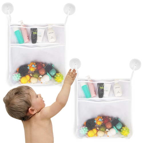 Toplive 2 x Mesh Bath Toy Organizer, Bath Toy Storage for Baby Bath Toys, Hanging Bath Toy Holder With 6 Ultra Strong Suction Hooks for Bathtub Toys, Bath Toys & More-White