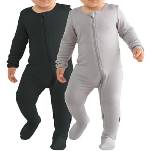 Baby Bamboo Rayon Romper Infant Footies Long Sleeve Double Zipper Outfits 2-Pack One-Piece Jumpsuits