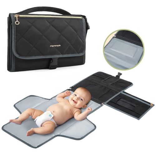 mommore Portable Changing Pad for Baby Newborn Water Resistance Detachable Travel Diaper Changing Mat with Wipes Pockets Padded Pillow Baby Essentials Gifts (Black)