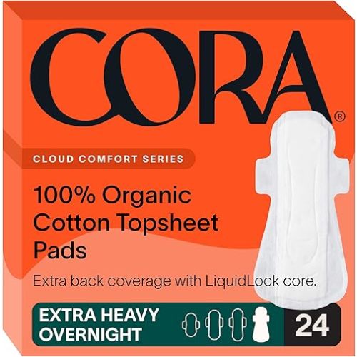 Cora 100% Organic Cotton Topsheet Pad | Ultra Thin Period Pads with Wings | Extra Heavy Overnight Absorbency | Unscented Ultra-Absorbent Sanitary Pads for Women (24 Count)